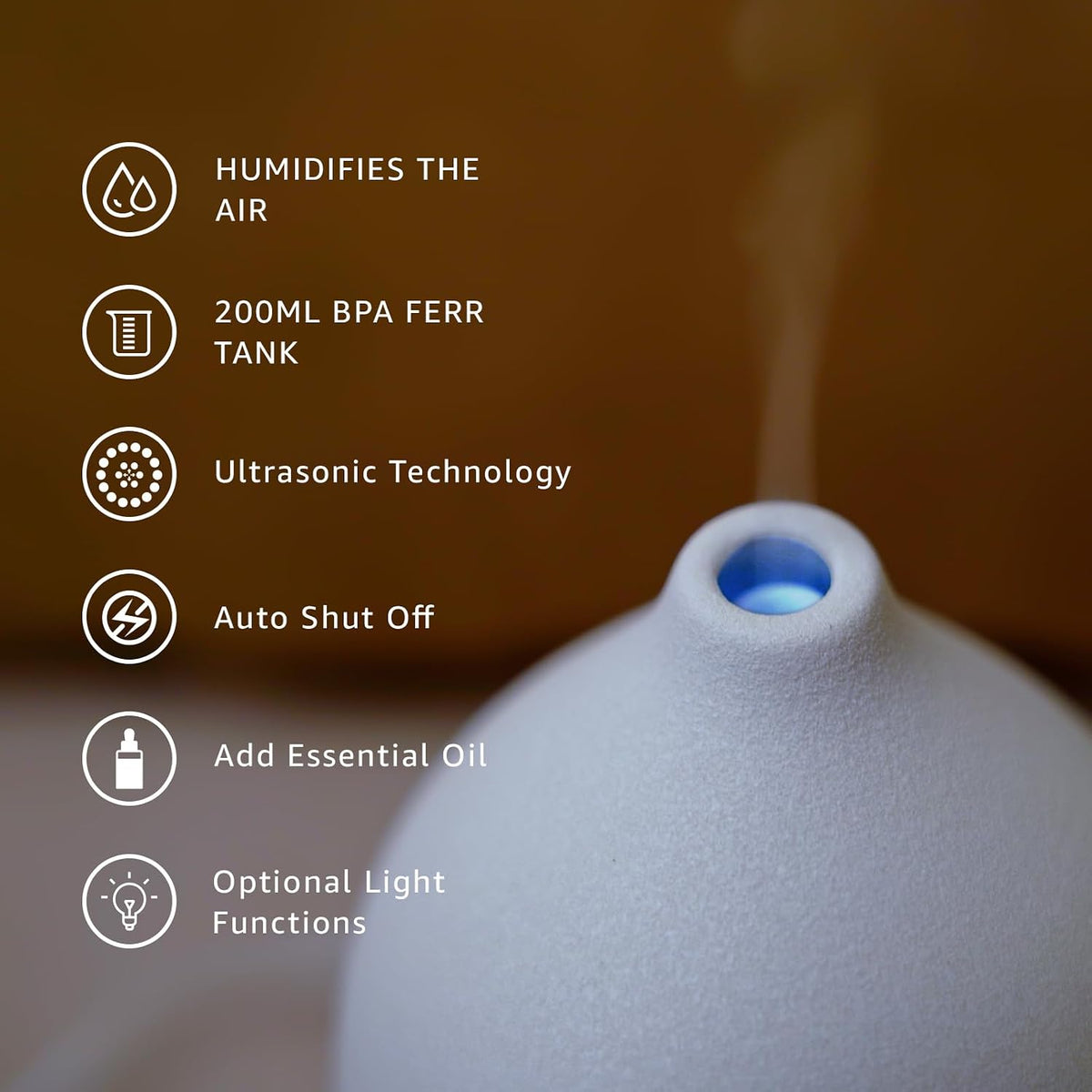 Gooamp 200ML Ceramic Essential Oil Diffuser - Ultrasonic Aromatherapy & Humidifier with 7-Color LED Lights, Auto Shut-Off, Wood Grain Base, 1H/3H/6H Timer | Scent for Home, Office, Yoga