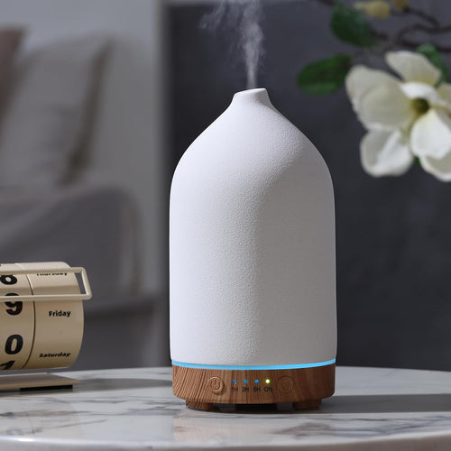 Gooamp 200ML Ceramic Essential Oil Diffuser - Ultrasonic Aromatherapy & Humidifier with 7-Color LED Lights, Auto Shut-Off, Wood Grain Base, 1H/3H/6H Timer | Scent for Home, Office, Yoga